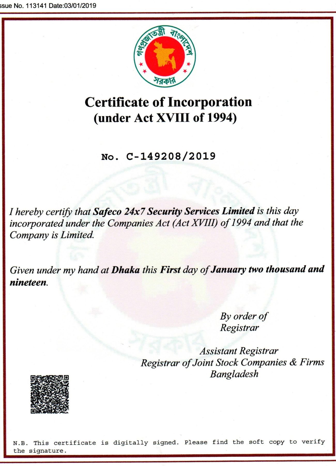 Safeco Incorporation Certificate